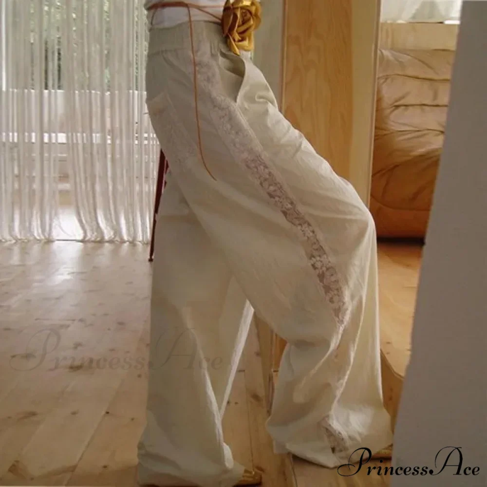 Lace Patchwork Ivory Wide Leg Trousers - Image 2