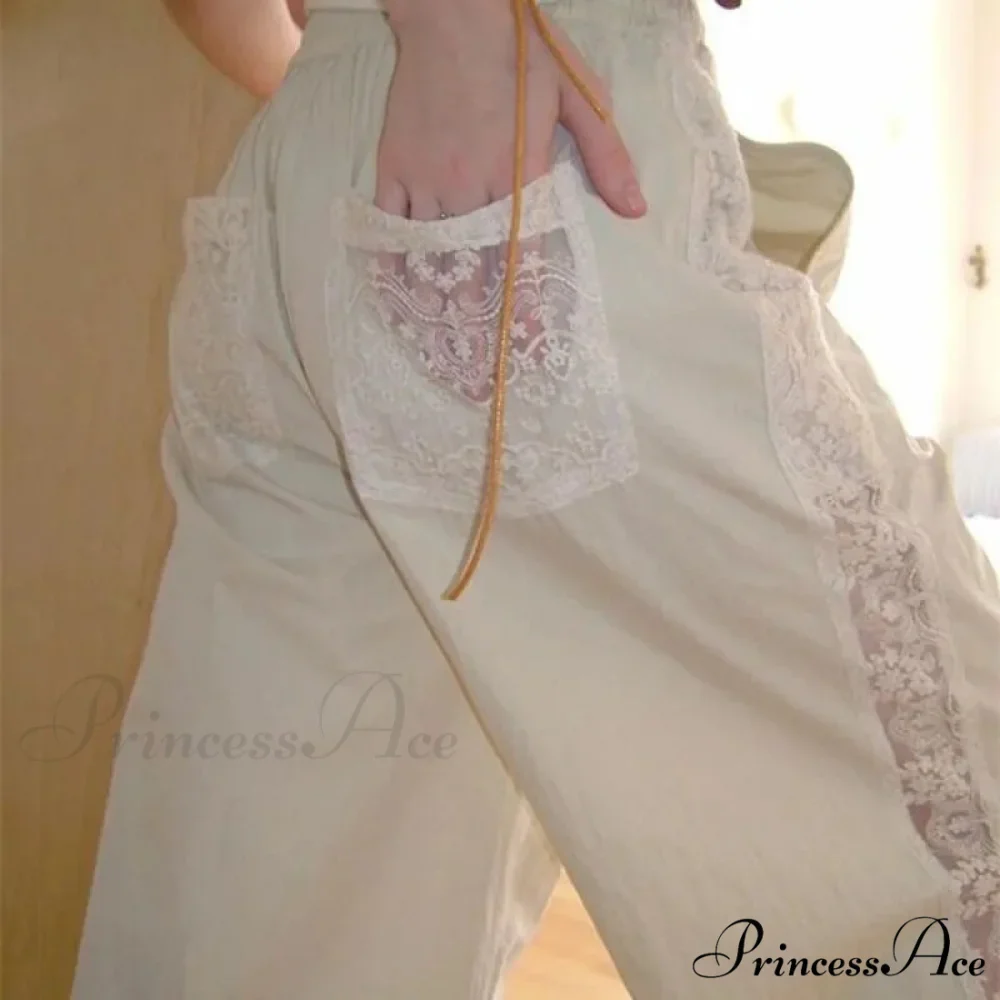 Lace Patchwork Ivory Wide Leg Trousers - Image 4