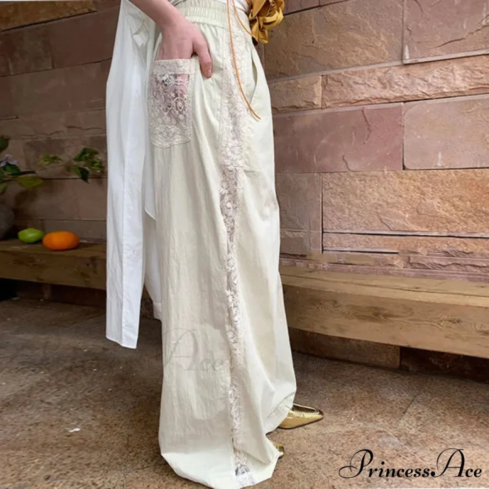 Lace Patchwork Ivory Wide Leg Trousers - Image 5