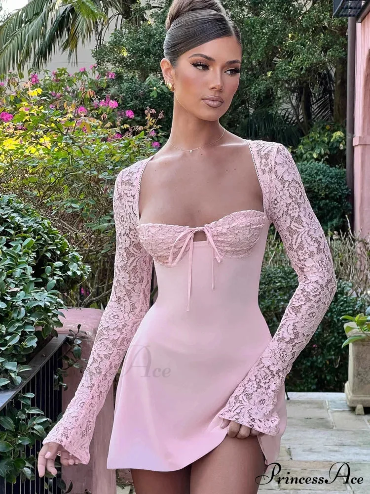 Lace Patchwork Lengthy Sleeve Mini Dress - Image 5