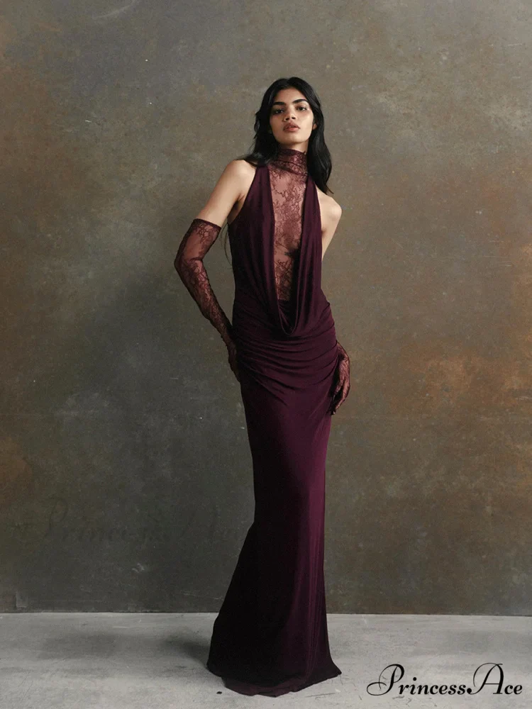 Lace Patchwork Profound V Gathered Prom Dress - Image 4