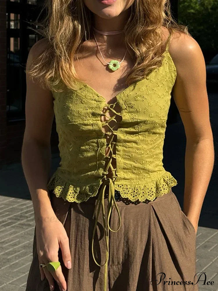 Lace Sleeveless V-neck Criss-cross Tie-up Crop Top - Image 3