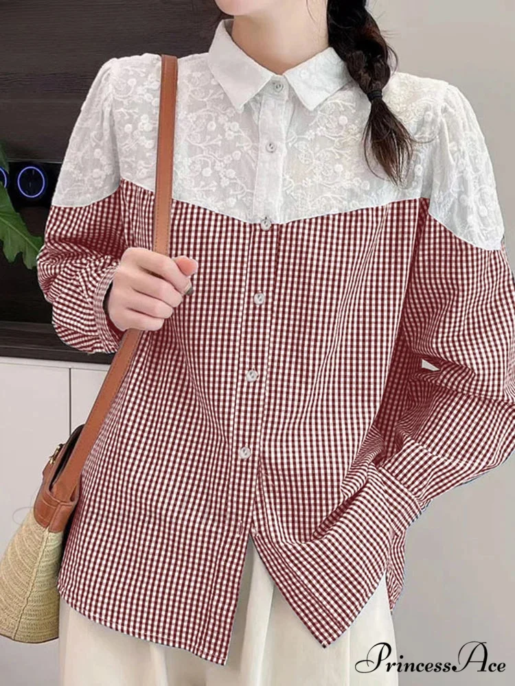 Lace Stitching Checkered Long Sleeve Top Bohemian Top - Image 2