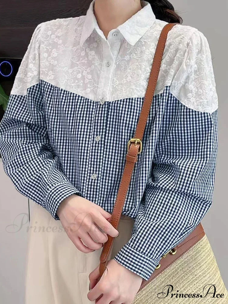 Lace Stitching Checkered Long Sleeve Top Bohemian Top - Image 3