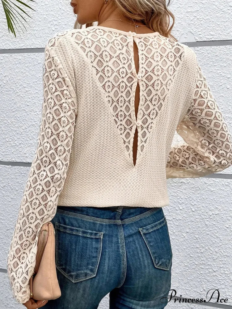 Lace Stitching Monochrome Informal Round Neck Long Sleeve T-shirt Women - Image 2