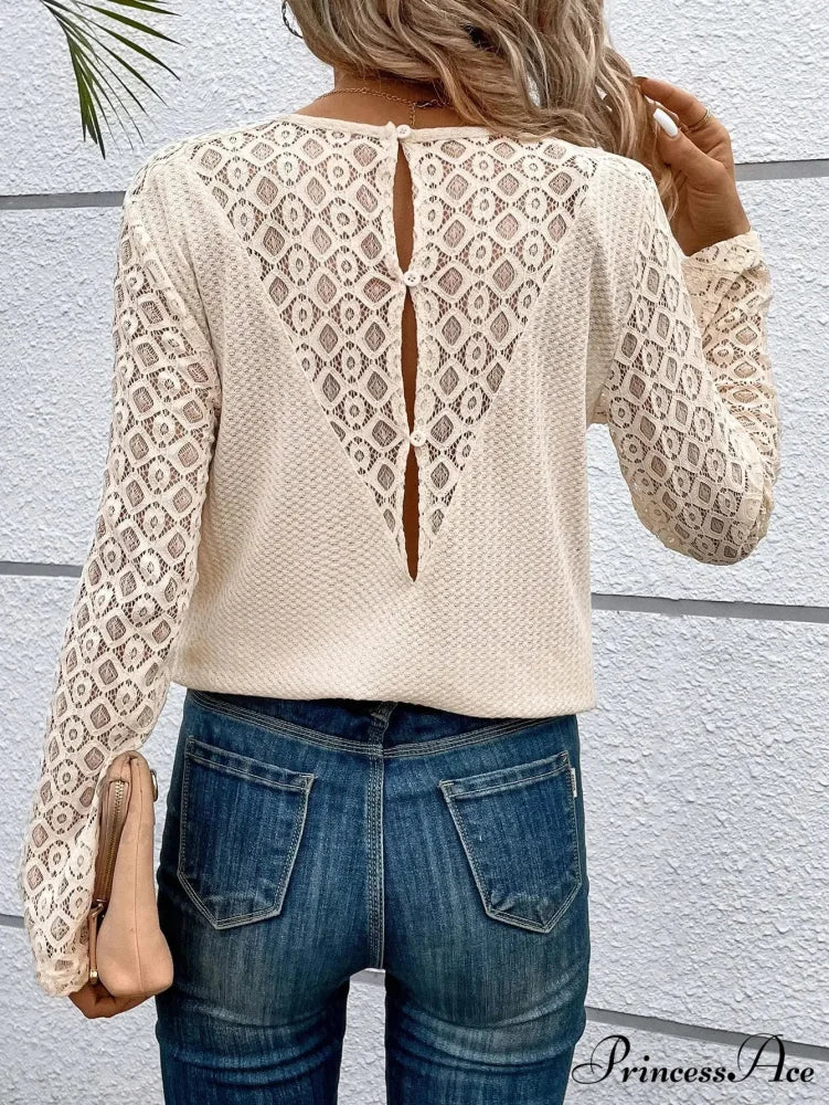 Lace Stitching Monochrome Informal Round Neck Long Sleeve T-shirt Women - Image 3