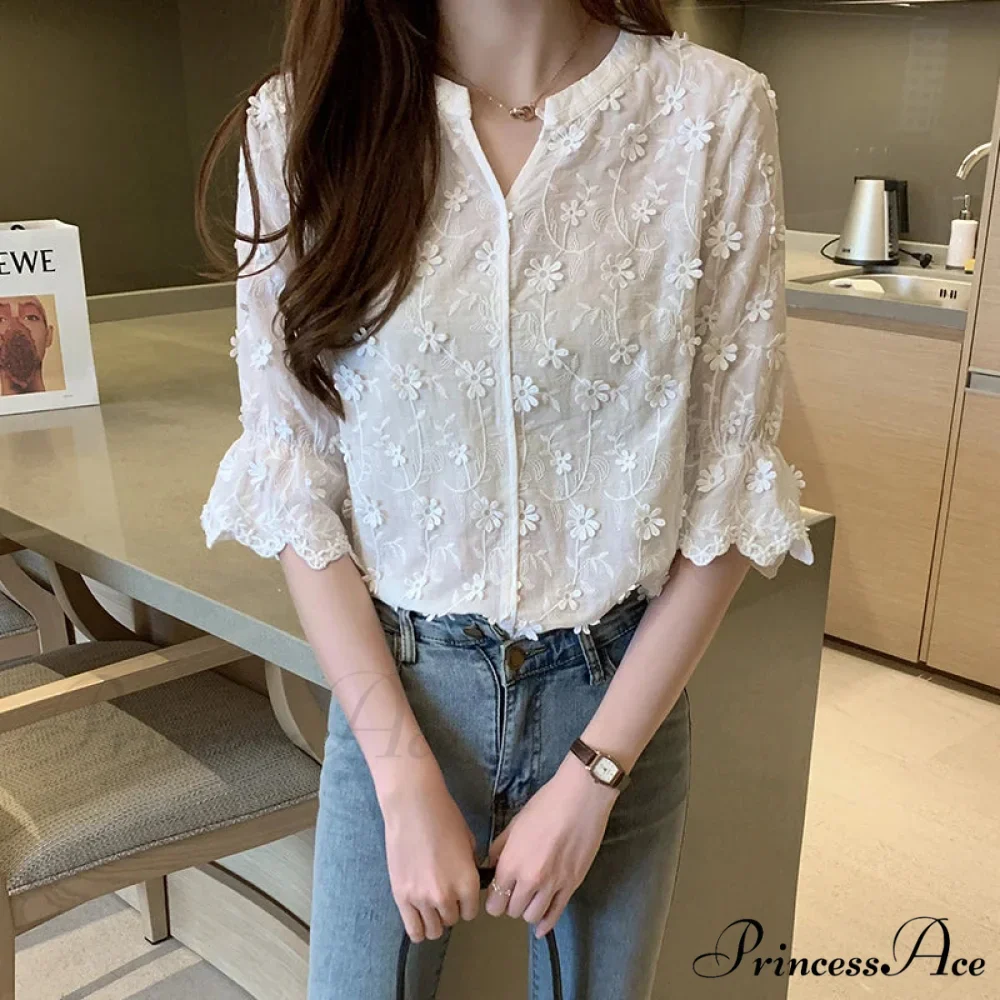 Lace Summer Cotton White Blouse - Image 4