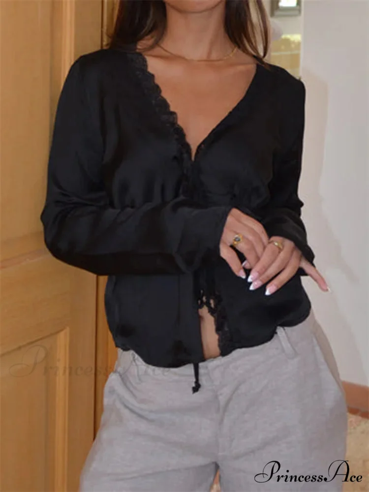 Lace Trim Deep-neck Fasten Blouse - Image 2