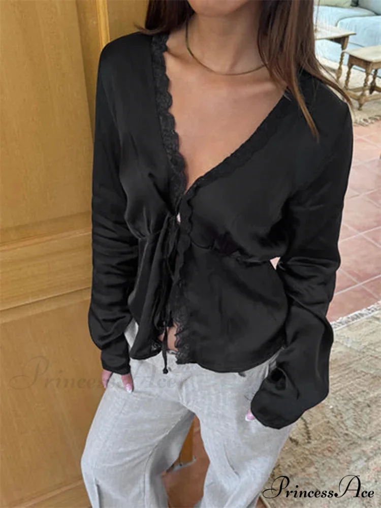 Lace Trim Deep-neck Fasten Blouse - Image 3