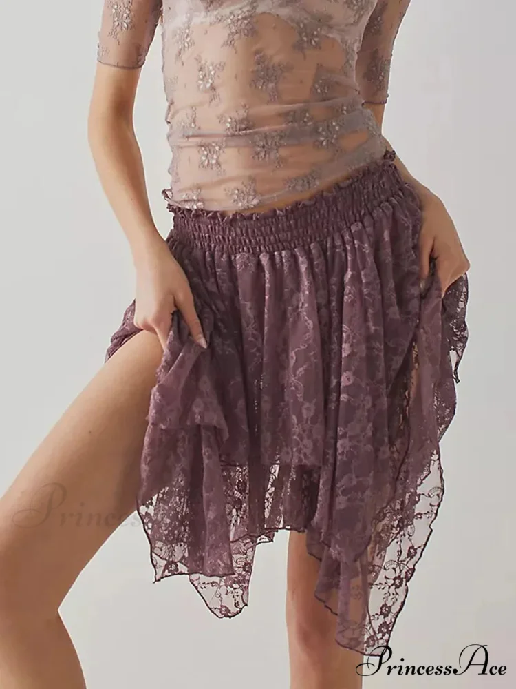 Lacy Floral Asymmetrical Hem Skirt - Image 4