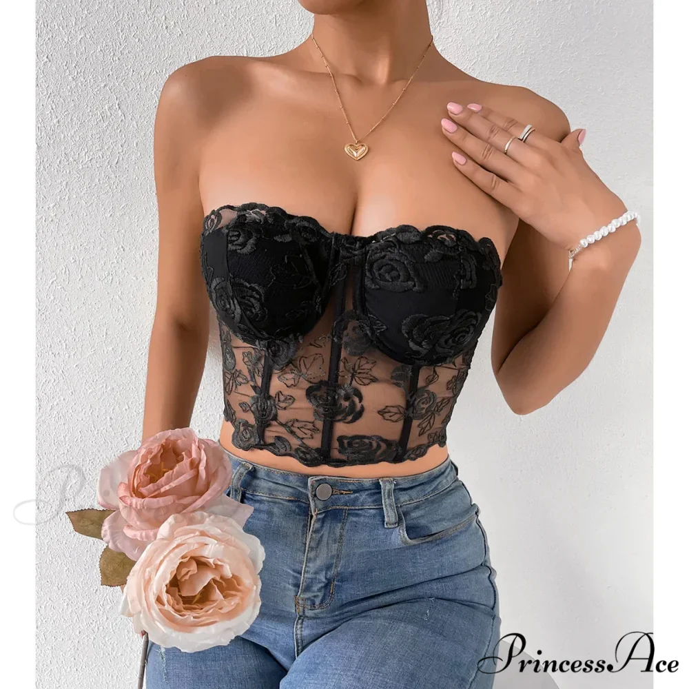 Lacy Floral Open-Back Short Y2K Seductive Crop Top - Image 2