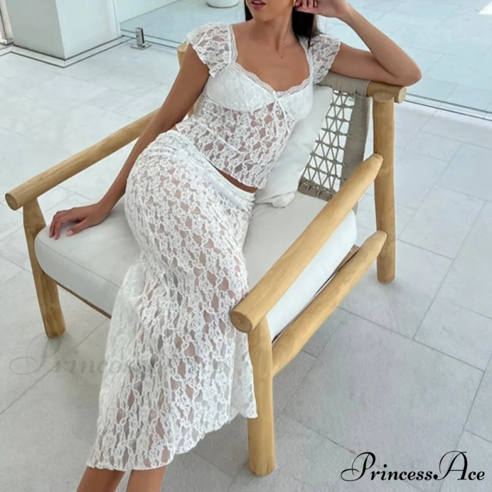Lacy Flower Sheer Short Sleeve Crop Top Long Skirt Two Pieces Set - Image 2