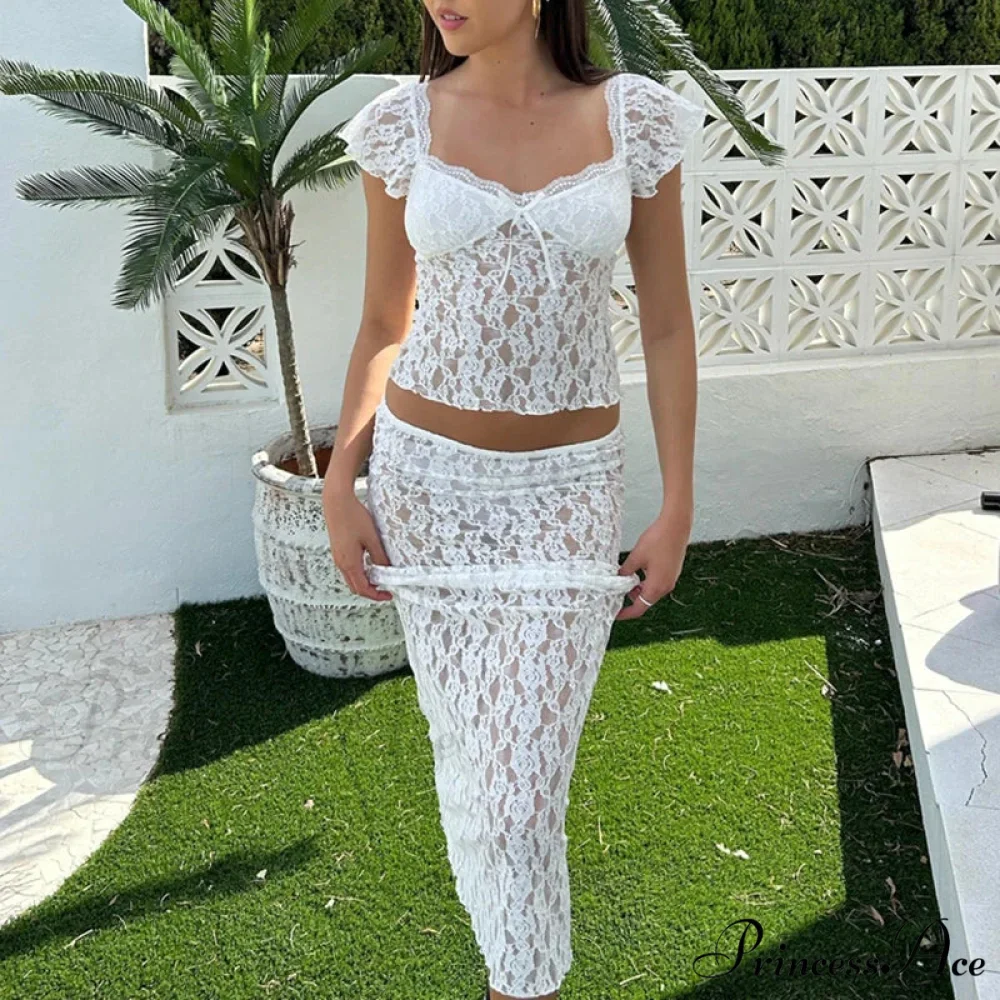 Lacy Flower Sheer Short Sleeve Crop Top Long Skirt Two Pieces Set - Image 3