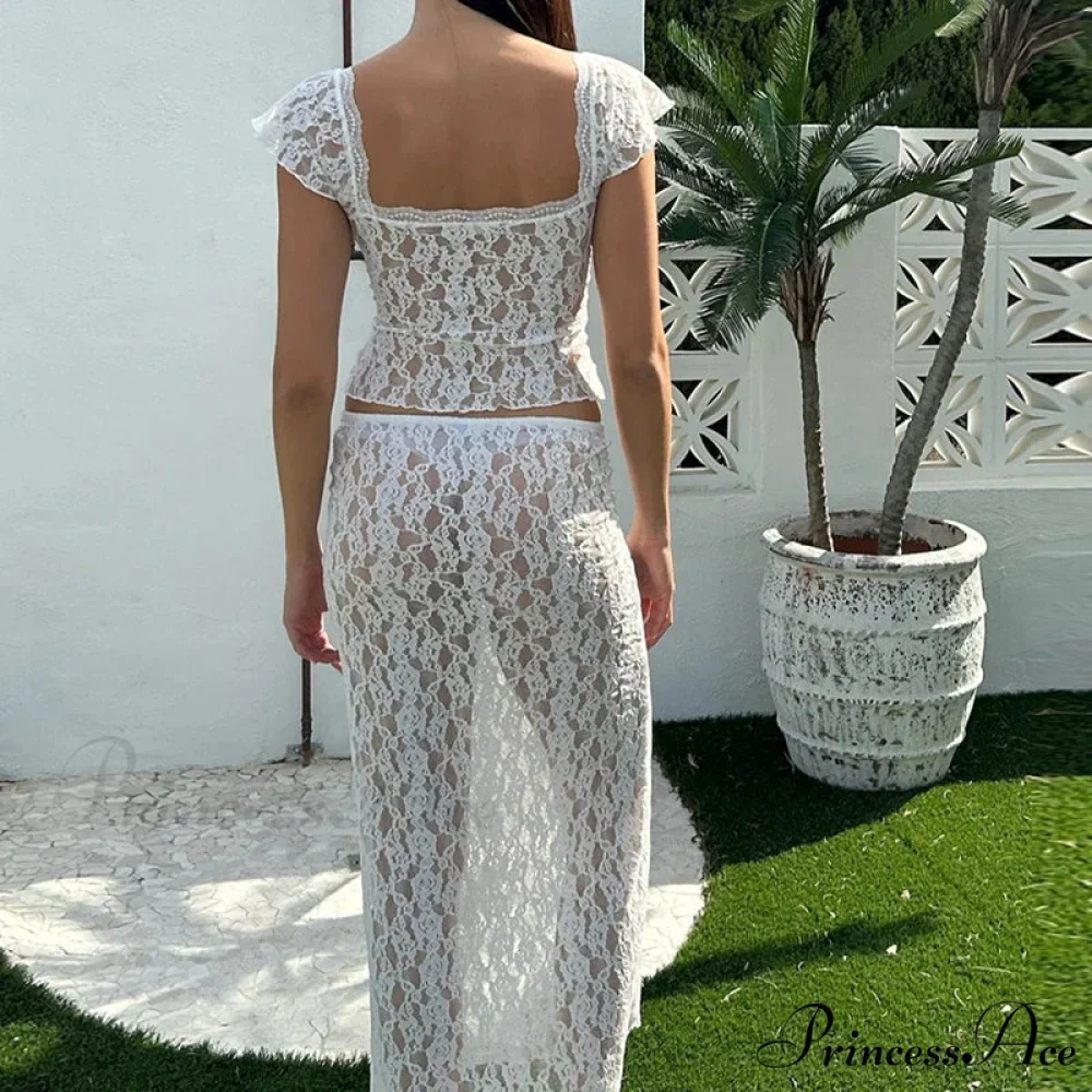 Lacy Flower Sheer Short Sleeve Crop Top Long Skirt Two Pieces Set - Image 4