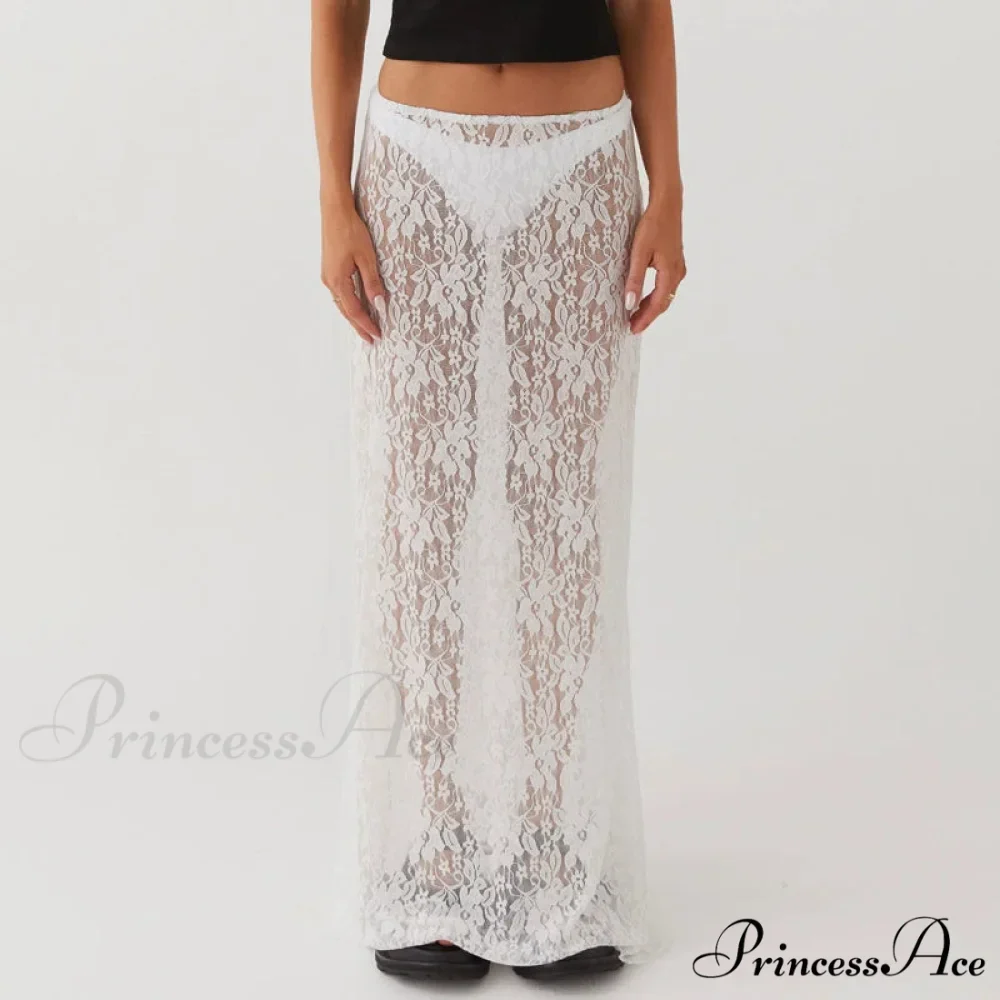 Lacy Flower Sheer Short Sleeve Crop Top Long Skirt Two Pieces Set - Image 7