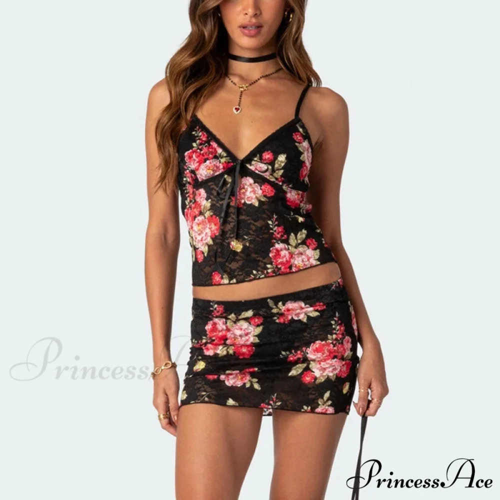 Lacy Flower V Neck Spaghetti Strap Crop Top Mini Pencil Skirt Two Pieces Set - Image 2