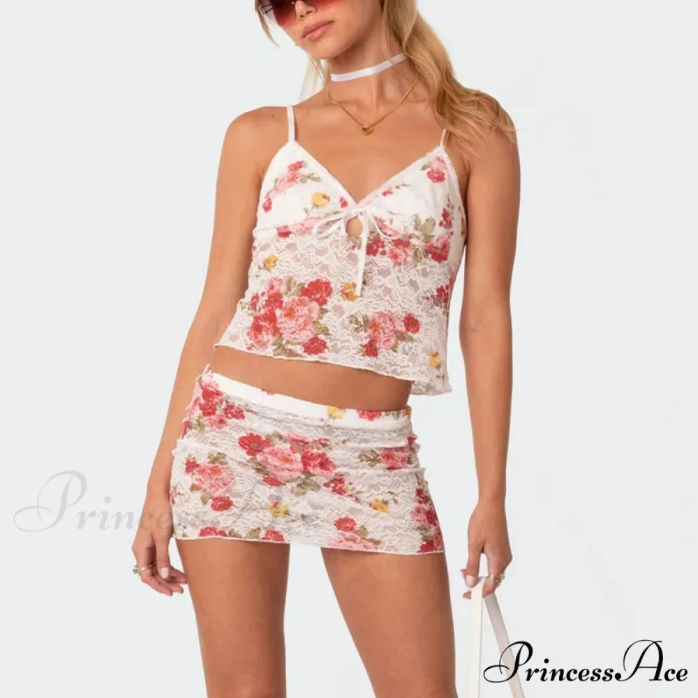 Lacy Flower V Neck Spaghetti Strap Crop Top Mini Pencil Skirt Two Pieces Set - Image 7