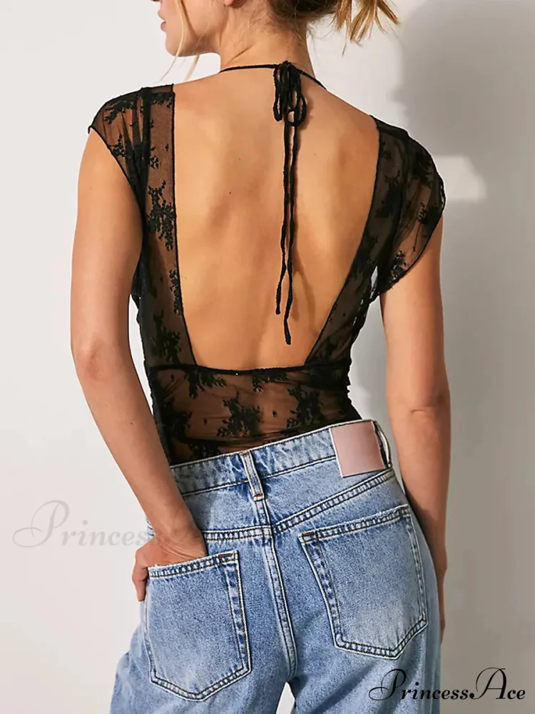 Lacy Flowery Transparent Mesh Crop Top - Image 3