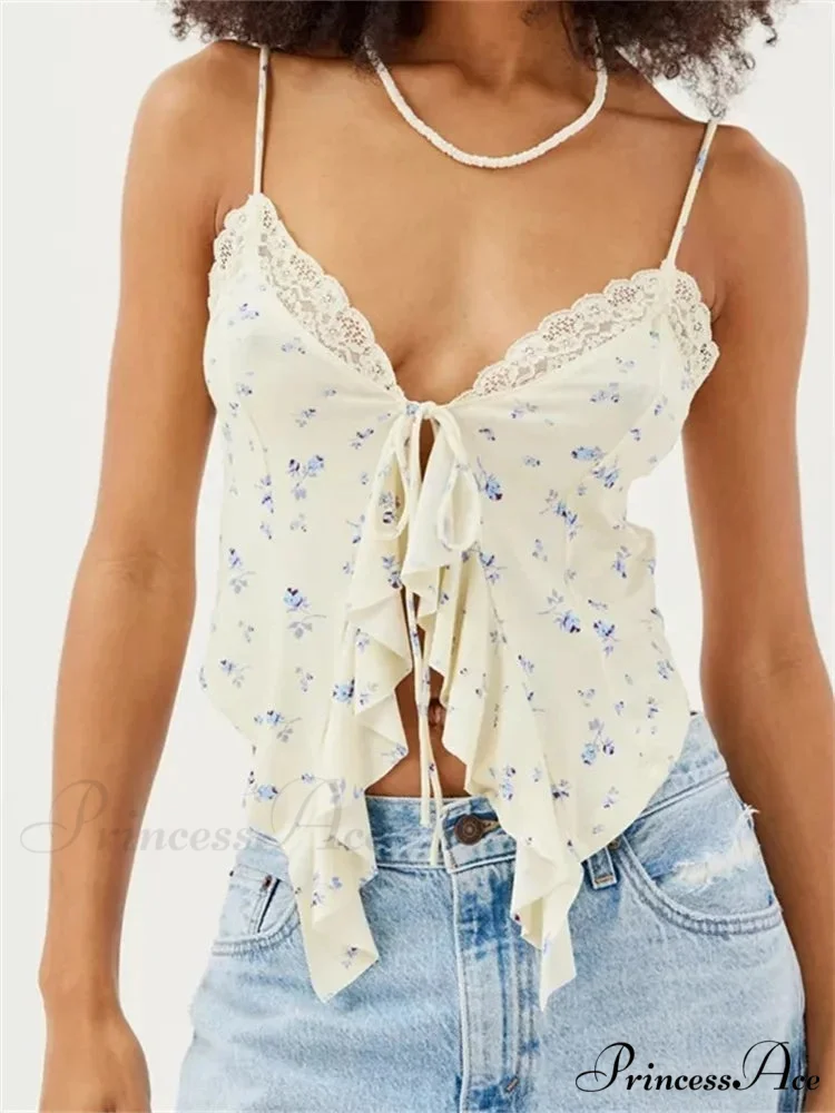 Lacy Lace Trim Frilly Split Strap Crop Top - Image 2