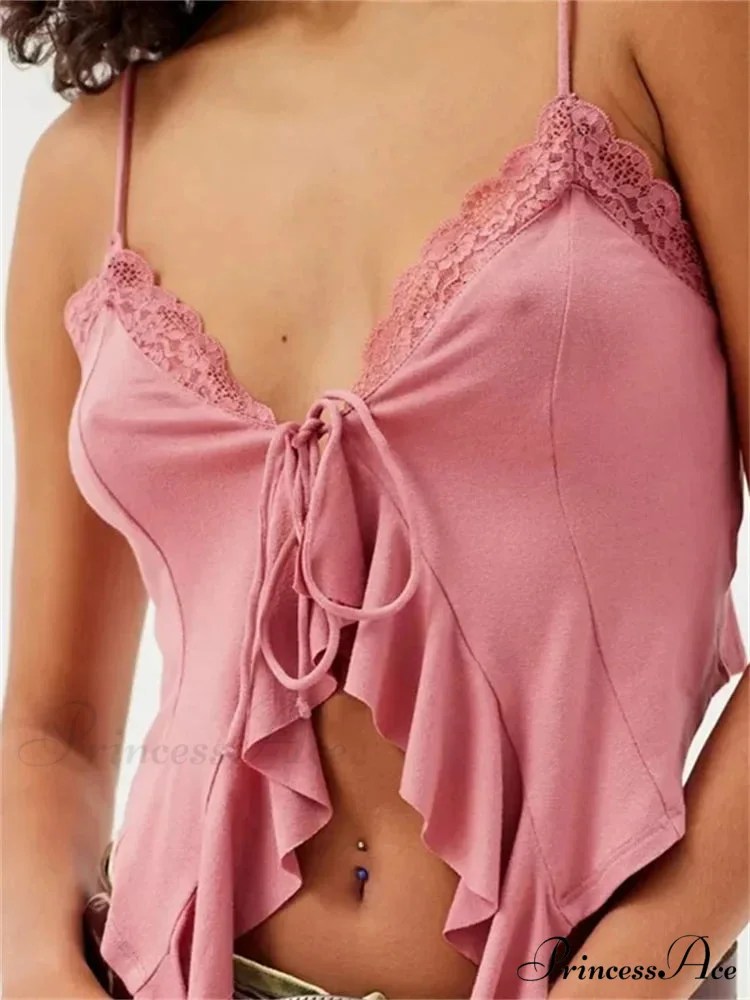 Lacy Lace Trim Frilly Split Strap Crop Top - Image 3