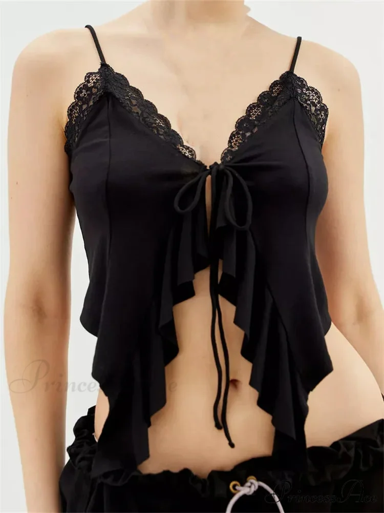 Lacy Lace Trim Frilly Split Strap Crop Top - Image 6