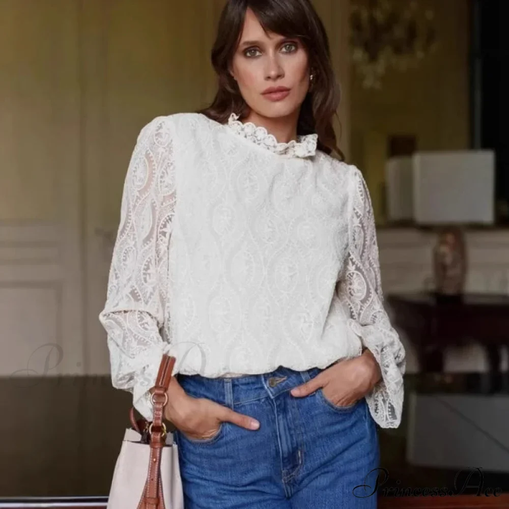 Lamp Sleeve Upright Neck Flower Boho Blouse - Image 2