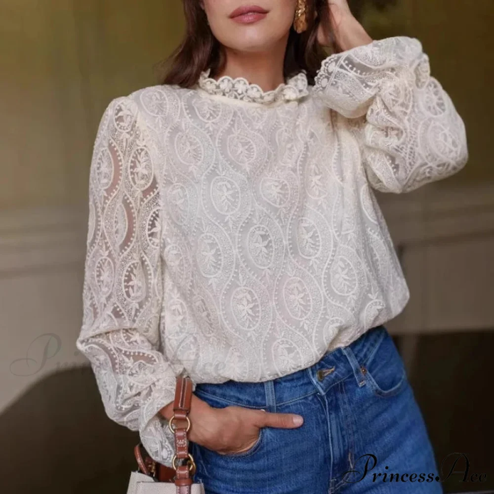 Lamp Sleeve Upright Neck Flower Boho Blouse - Image 3