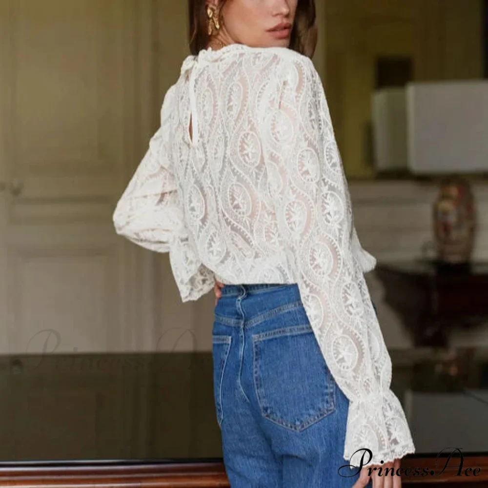 Lamp Sleeve Upright Neck Flower Boho Blouse - Image 4