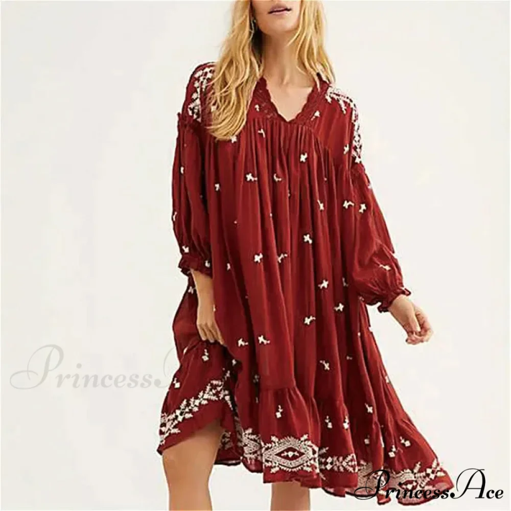 Lantern Extended Sleeve Cotton Rayon Embroidered Dress - Image 3