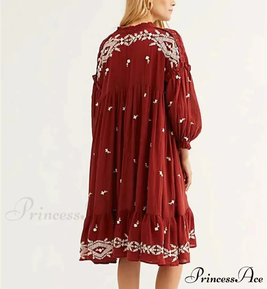 Lantern Extended Sleeve Cotton Rayon Embroidered Dress - Image 5