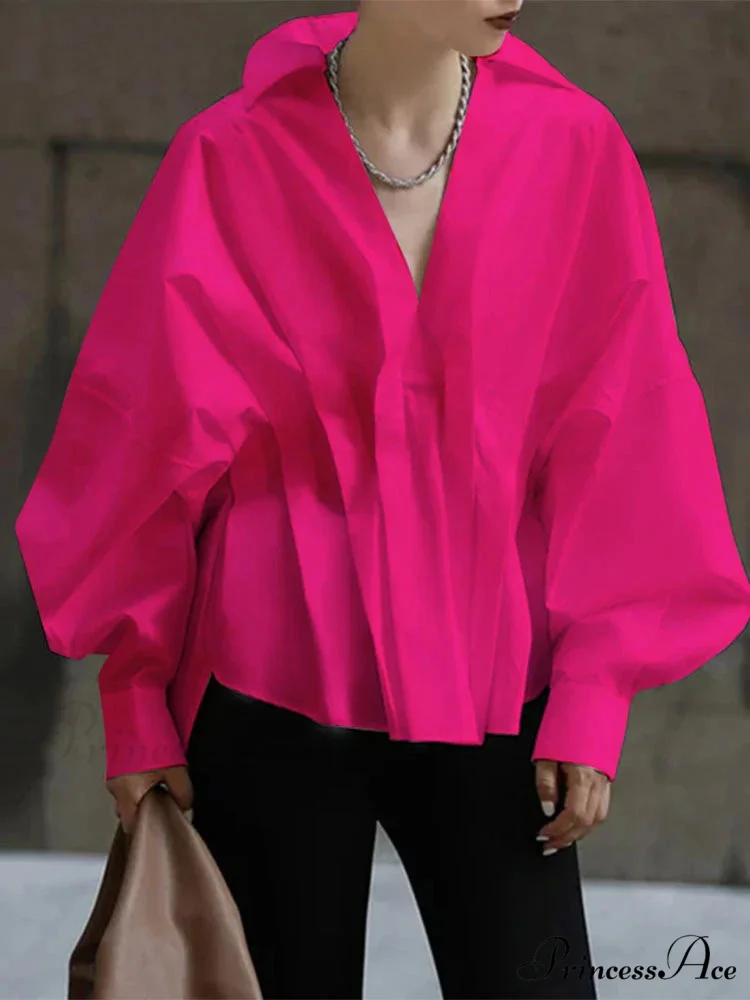 Lantern Extended Sleeve Pleated Fold-over Collar Blouse - Image 2