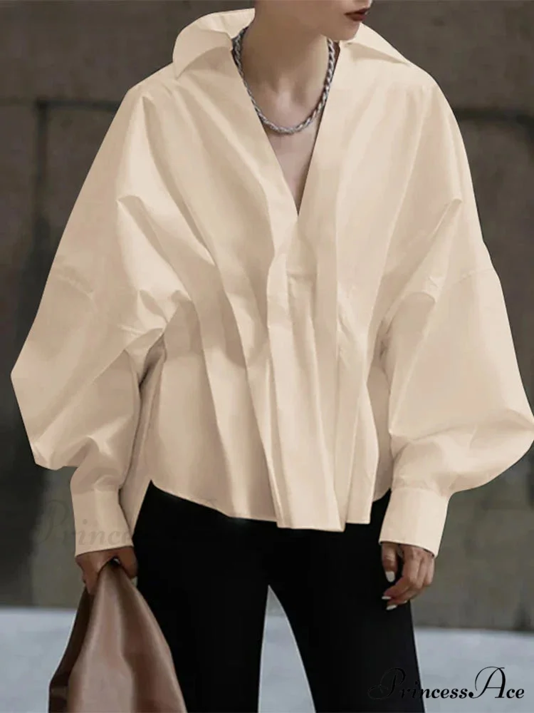 Lantern Extended Sleeve Pleated Fold-over Collar Blouse - Image 3