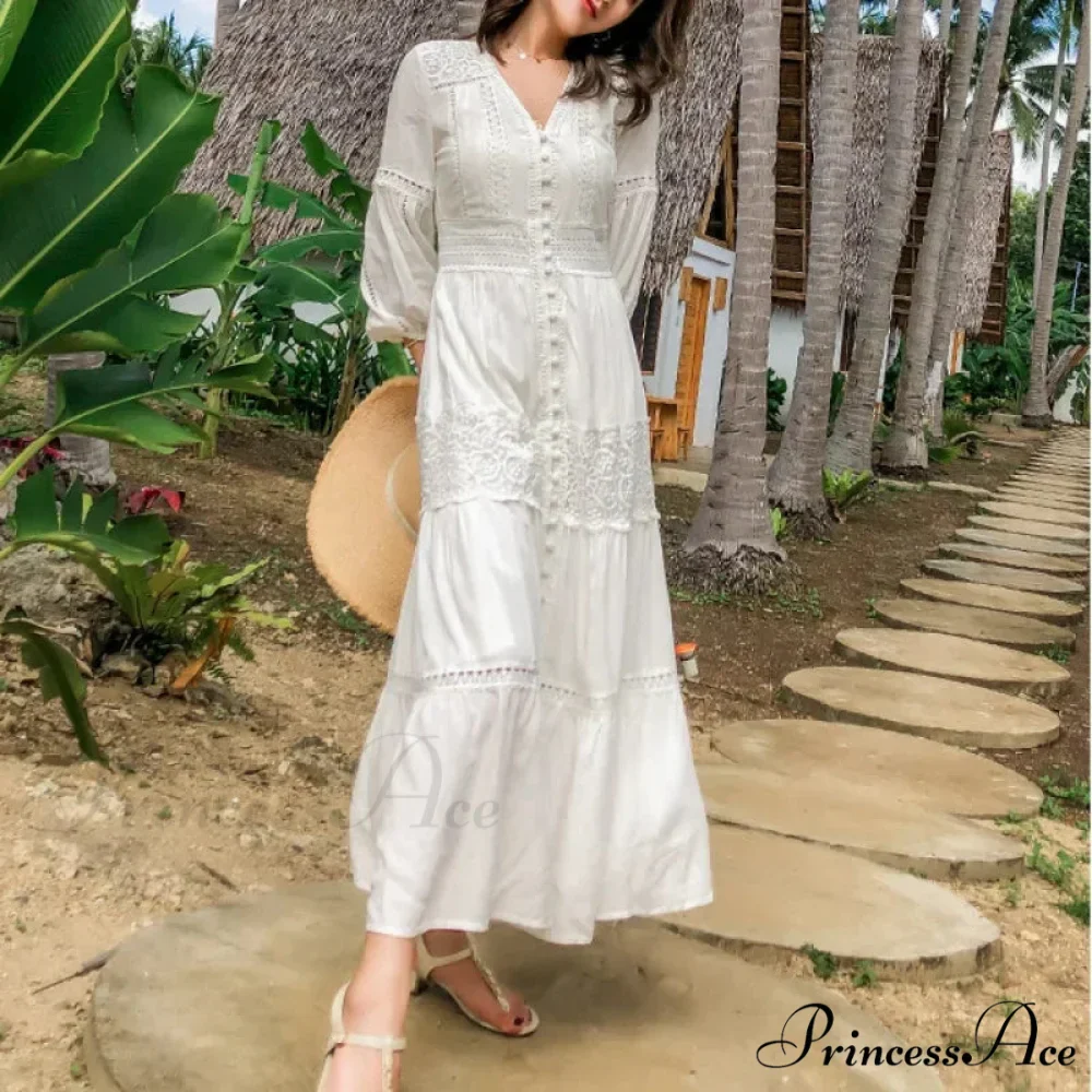 Lantern Sleeve Cotton Rayon Lace Splice Long Dress Classic White V-neck - Image 2