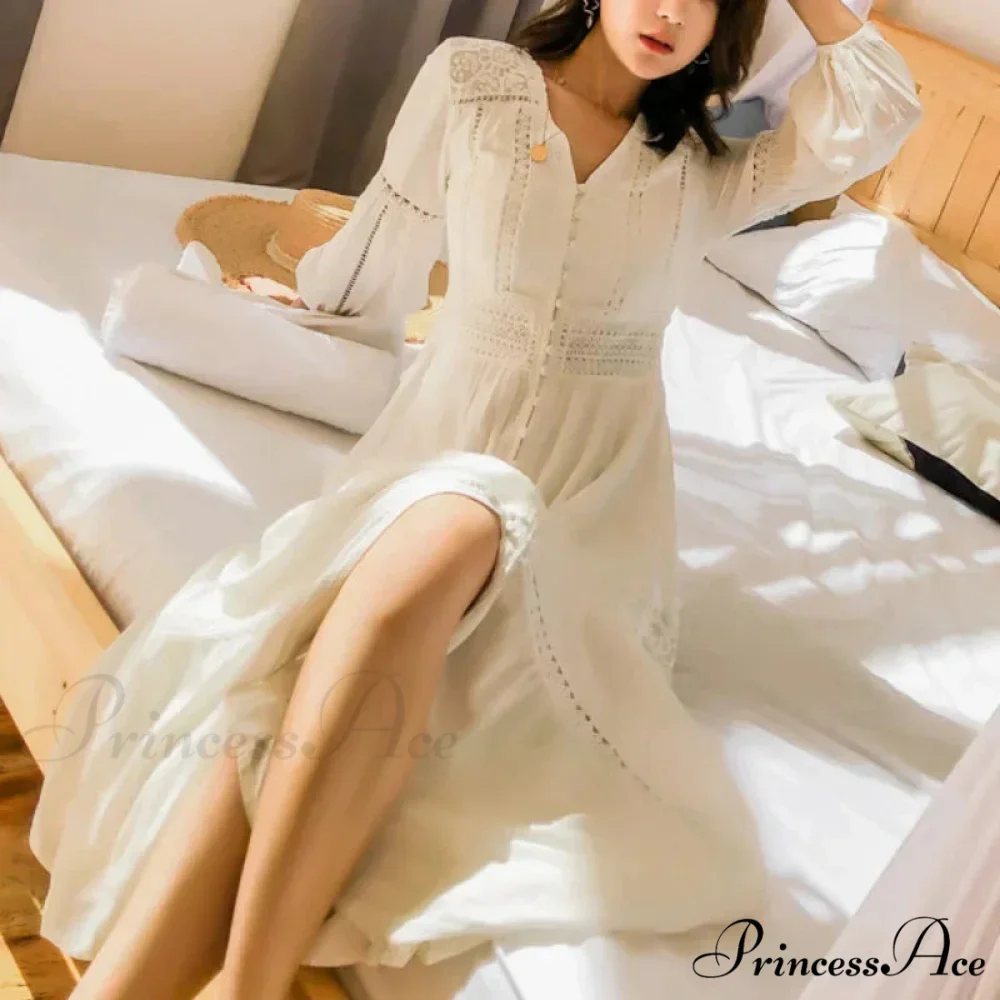 Lantern Sleeve Cotton Rayon Lace Splice Long Dress Classic White V-neck - Image 4