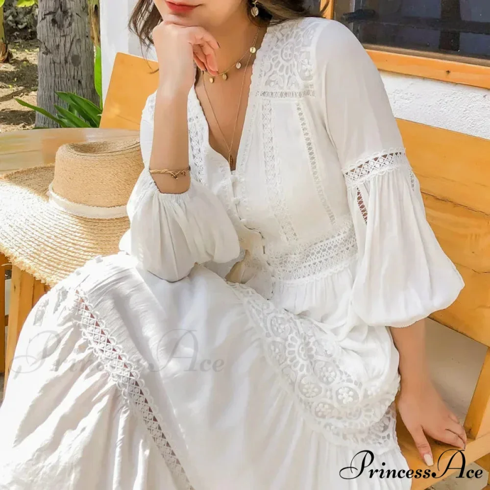 Lantern Sleeve Cotton Rayon Lace Splice Long Dress Classic White V-neck - Image 5