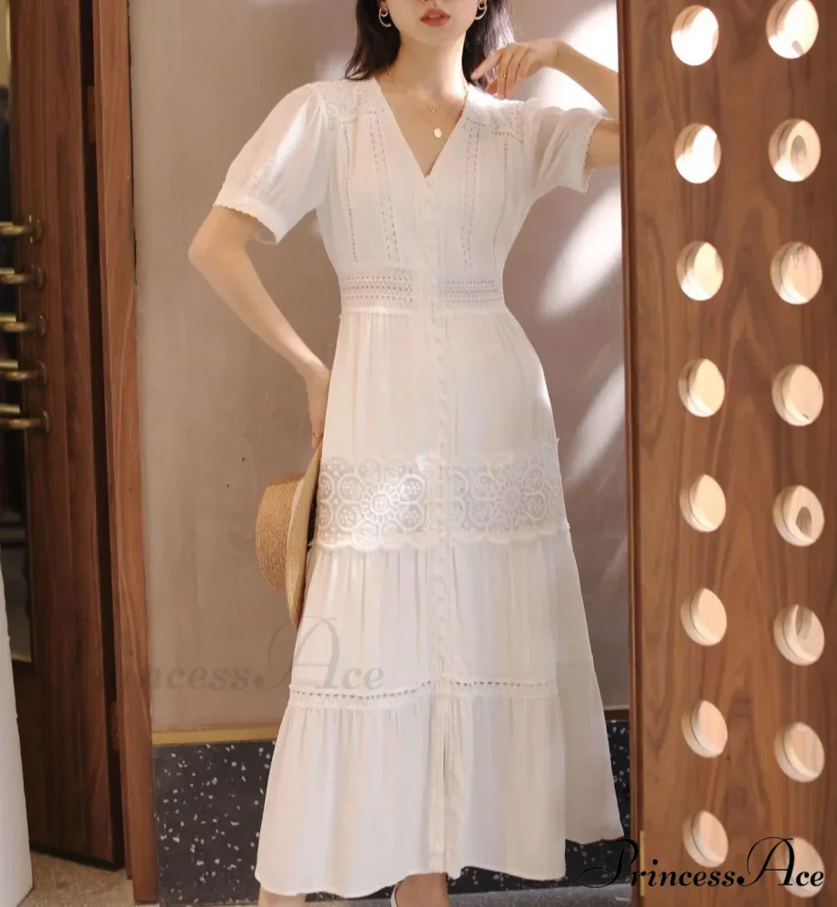 Lantern Sleeve Cotton Rayon Lace Splice Long Dress Classic White V-neck - Image 6
