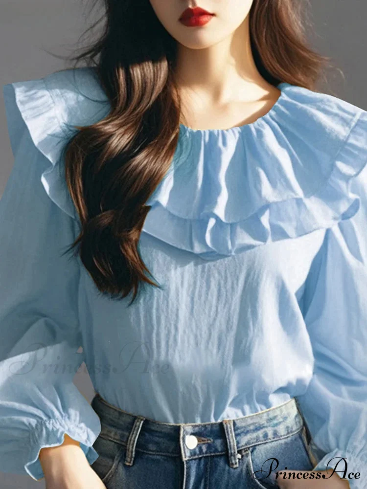 Lantern Sleeve Frilled Circular Neck Blouse - Image 3