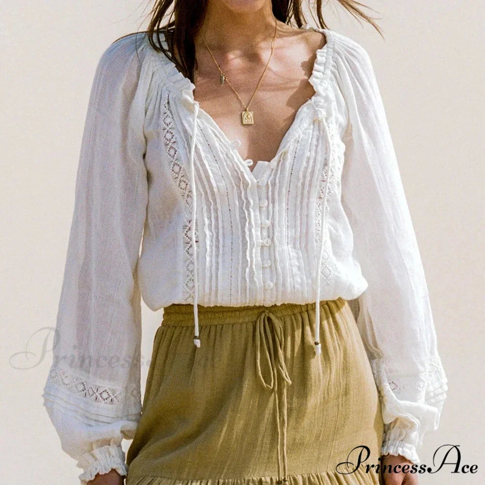 Lantern Sleeve V-Neck Lace Retro Cotton Boho Top - Image 2