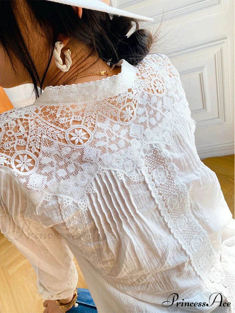 Lantern Sleeve V-Neck Lace Retro Cotton Boho Top - Image 4