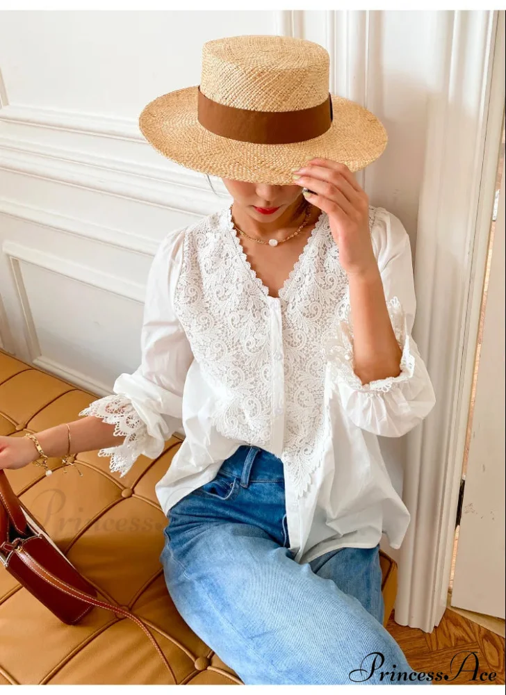 Lantern Sleeve V-Neck Lace Retro Cotton Boho Top - Image 7