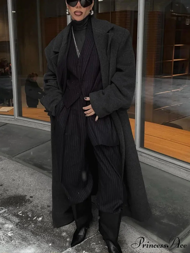 Large Black Woolen Mix Coat - Image 5
