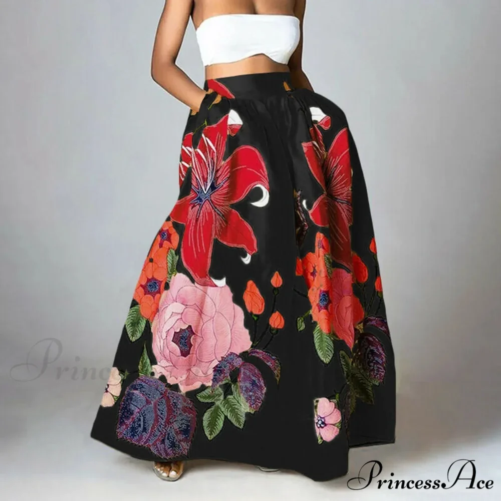 Large Blossom Patterned A-Line High Waist Long Maxi Skirt - Image 2