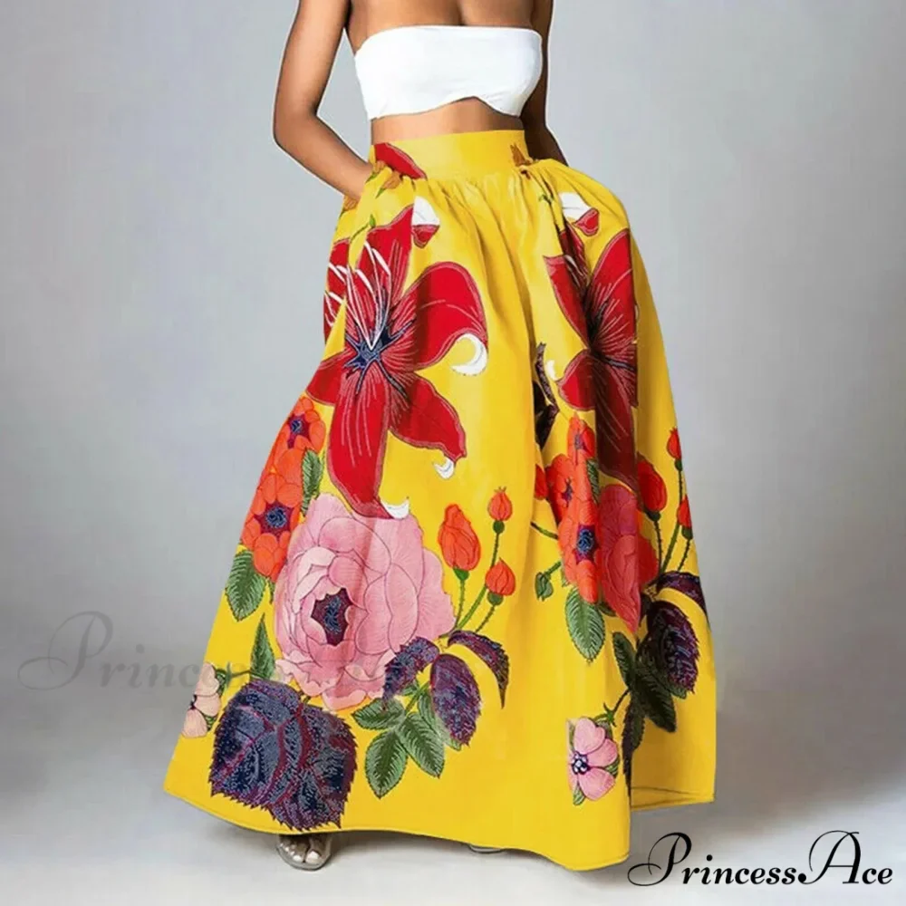 Large Blossom Patterned A-Line High Waist Long Maxi Skirt - Image 3