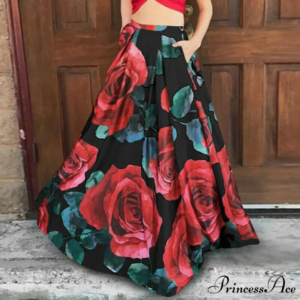 Large Blossom Patterned A-Line High Waist Long Maxi Skirt - Image 4