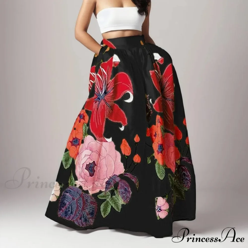 Large Blossom Patterned A-Line High Waist Long Maxi Skirt - Image 7