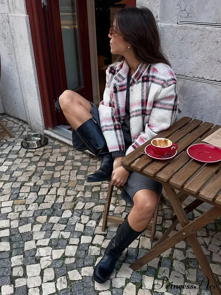 Large Checkered Pattern Woolen Bomber Jacket - Image 2