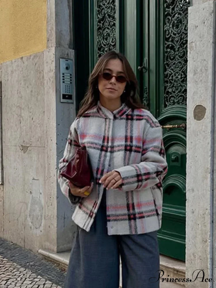 Large Checkered Pattern Woolen Bomber Jacket - Image 6