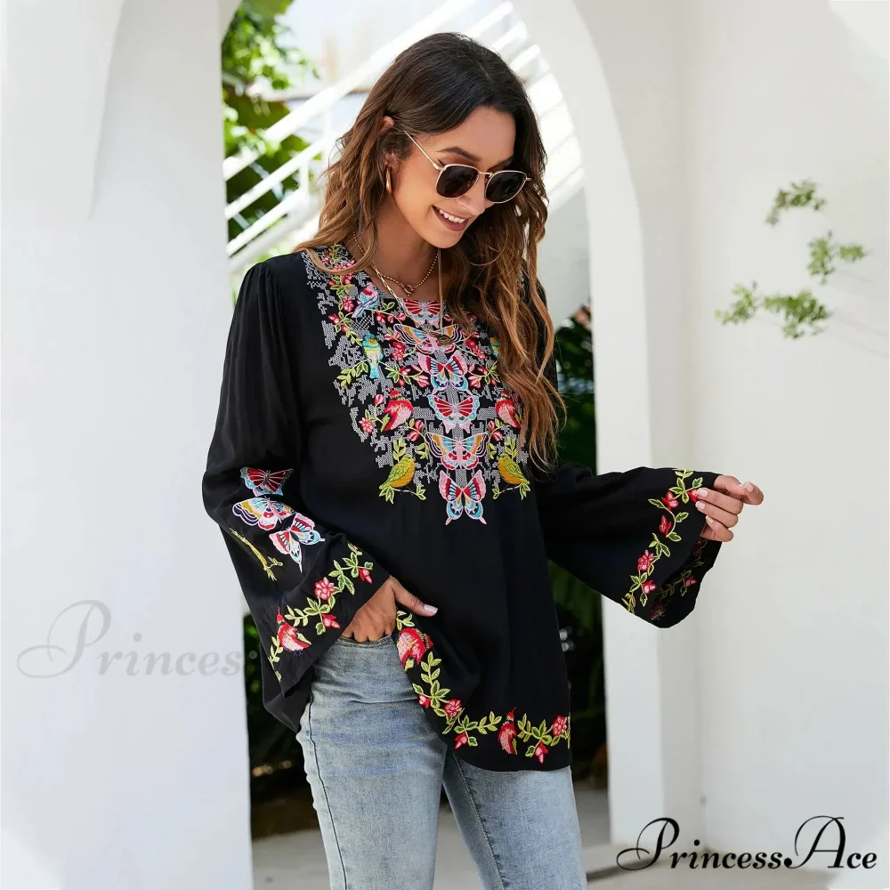 Large Flower Embroidery Baggy Cotton Boho Top - Image 2