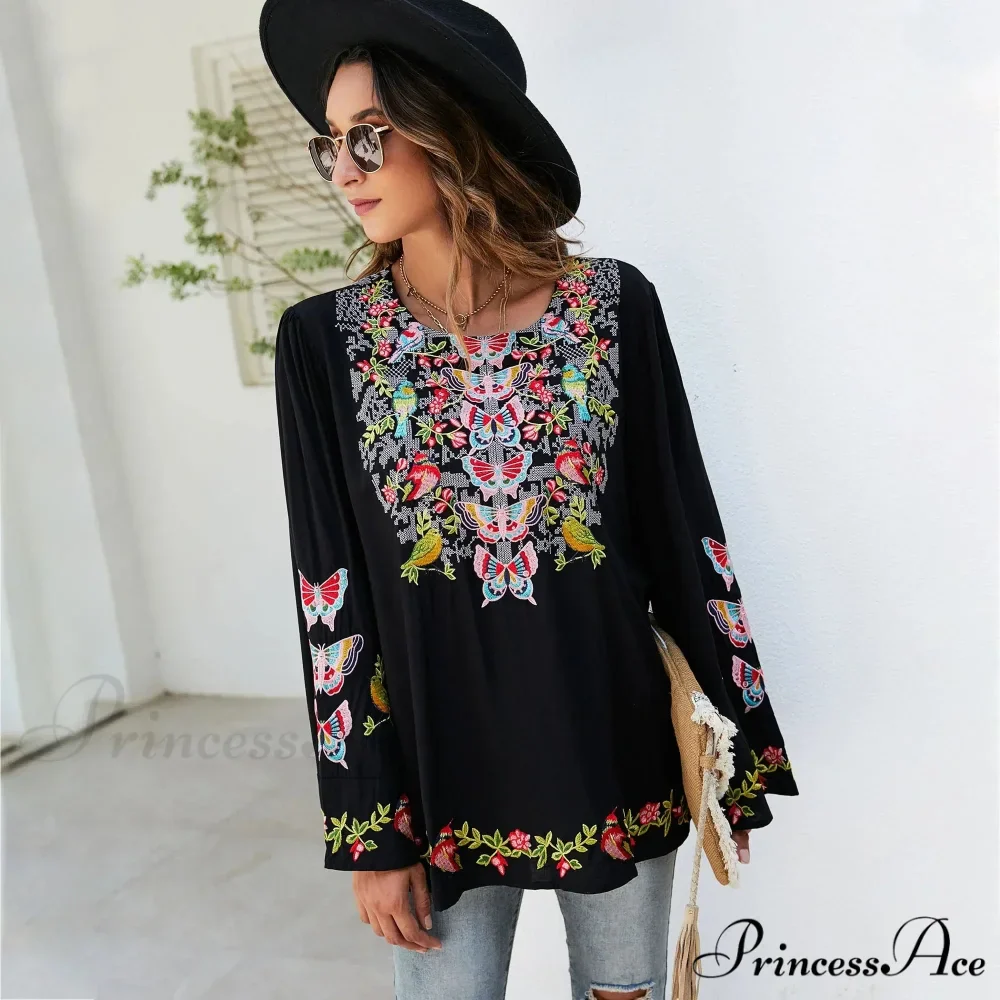 Large Flower Embroidery Baggy Cotton Boho Top - Image 4