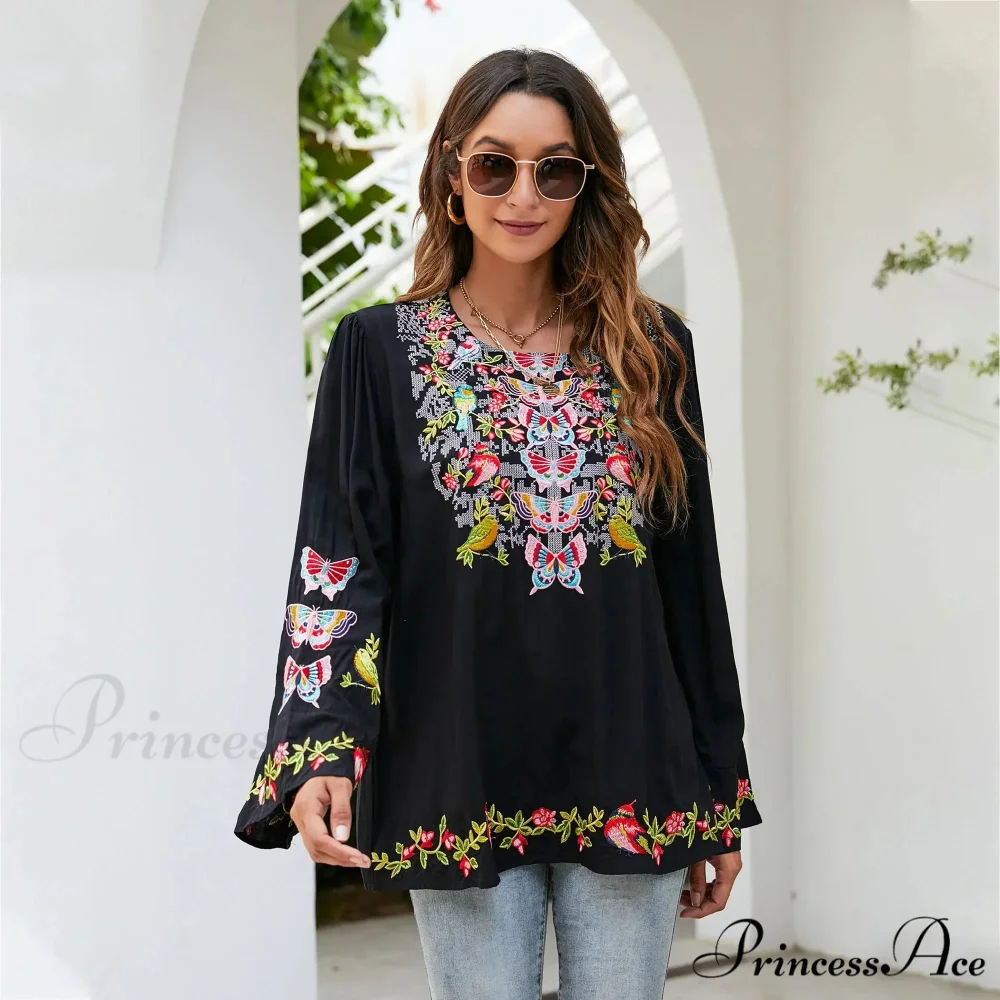 Large Flower Embroidery Baggy Cotton Boho Top - Image 5